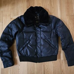 🩷 3/$25 Armani Exchange Navy Puffer Coat Jacket with Faux Fur Collar Size XS